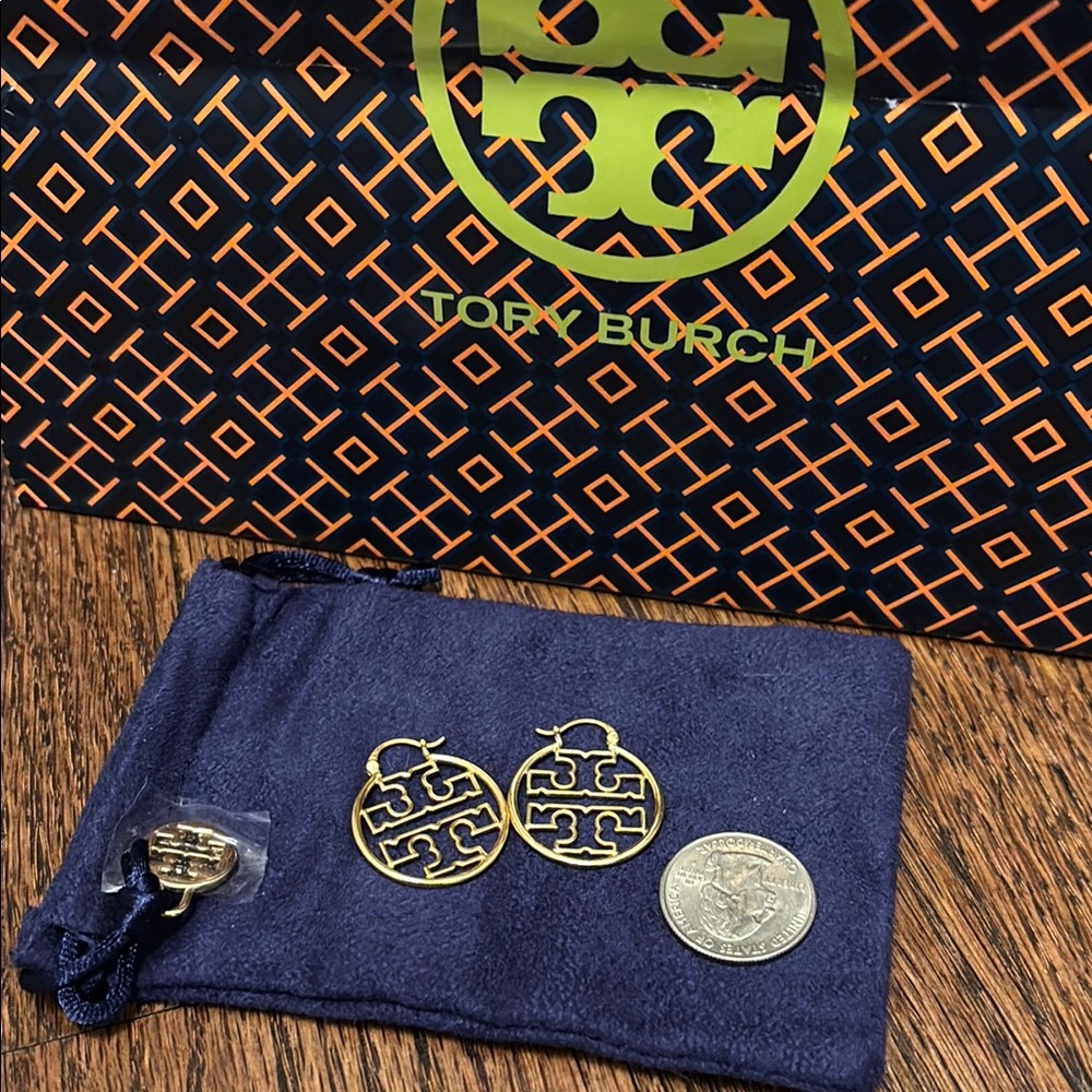 Tory Burch Gold Logo hoop earrings